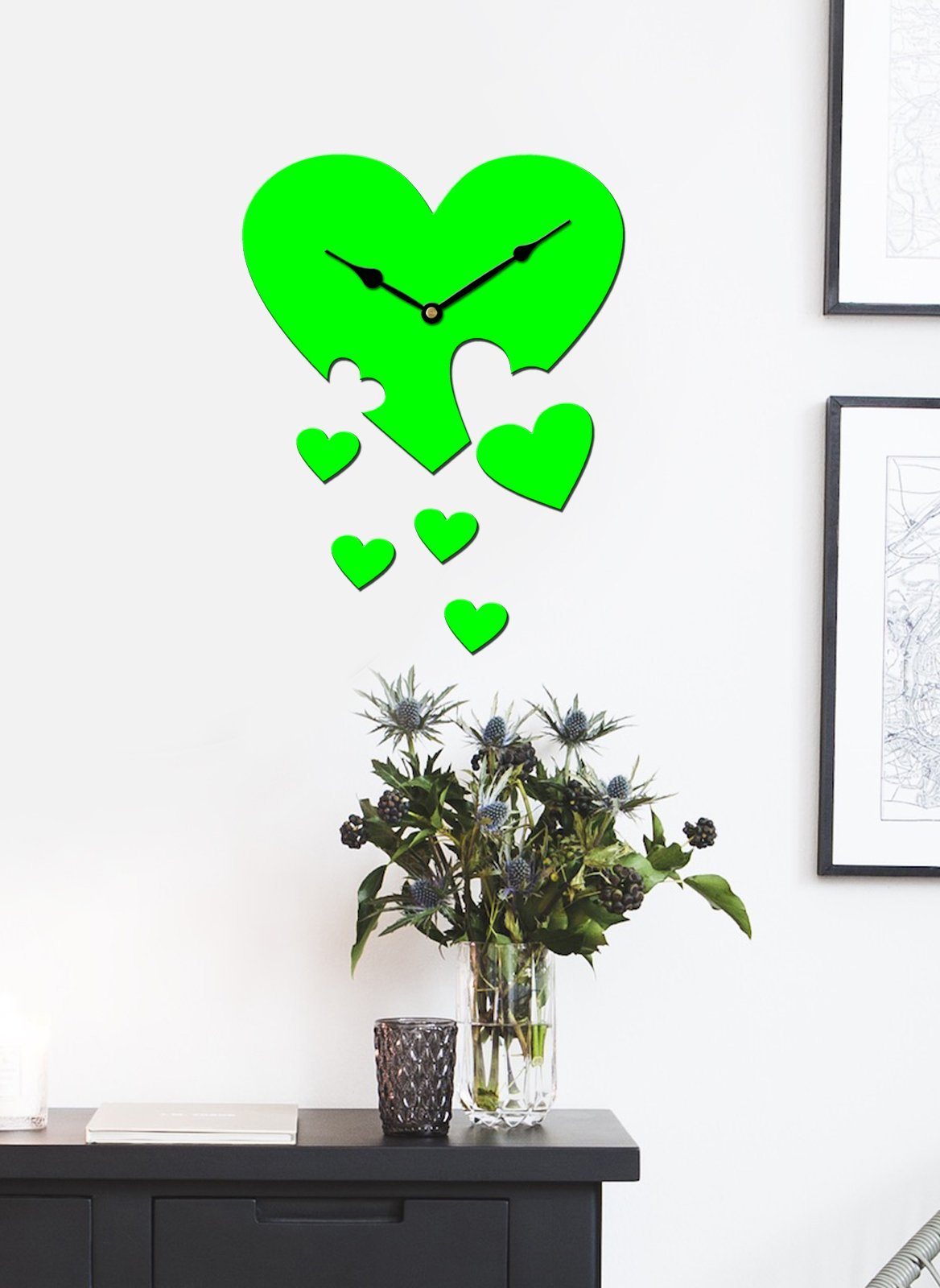 'Heart' Asymmetric Wood Wall Clock (27 cm x 27 cm x 4 cm, Green)