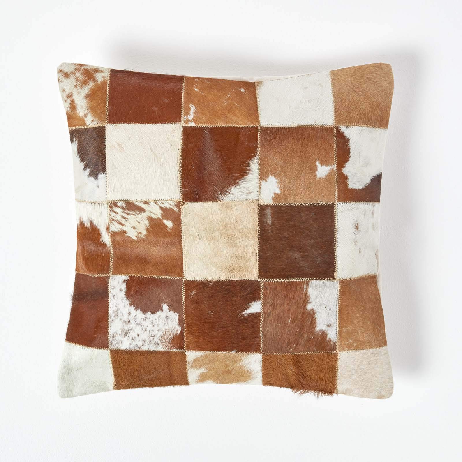 B&Q -  Beige And Cream Real Leather & Goat Hair Small Check Cushion With Feather Filling