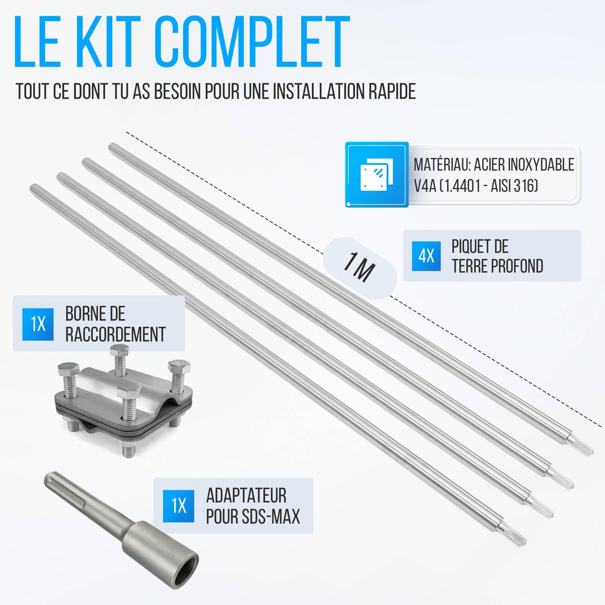 GRAFT kit d'électrodes de terre en V4A | perches 4x 1 m | Ø 20 mm | Avec enfonceur SDS-Max + borne | Syst. PV paratonnerre | Mise à la terre | Mise à la terre individuelle | Piquet