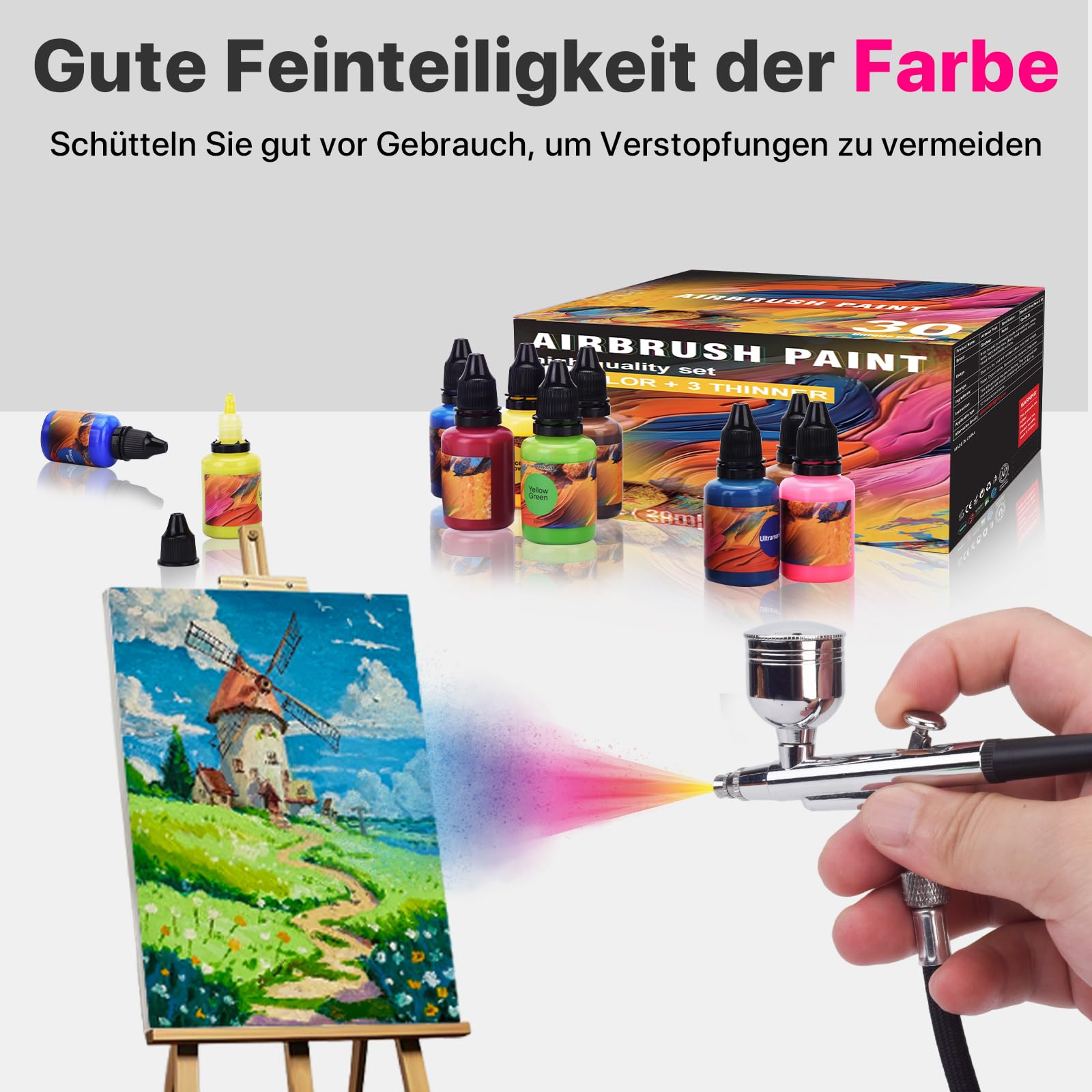 Gocheer Upgrade Airbrush Farben Set - 30 Farben und 3 Metallischen Farben mit 3 Verdünner, 20ml/Flasche, Airbrush Farbset, Acryl Luftpinselfarben auf Wasserbasis für Metall, Kunststoffmodelle
