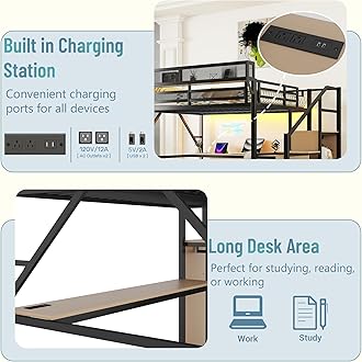 Full Loft Bed with Desk and RGB Light, Metal Loft Bed Frame with Stairs and Bedside Shelf, Heavy-Duty Lofts Beds with Storage Shelves and Wardrobe for Kids Teens, Black