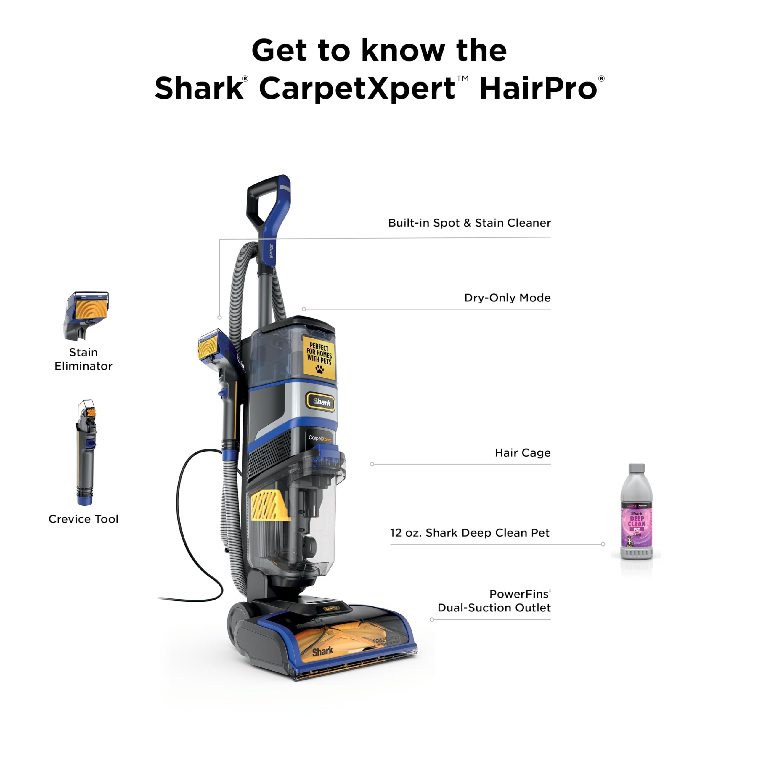 Shark CarpetXpert HairPro - Limpiador vertical integrado para alfombras y tapicería, perfecto para mascotas, limpieza profunda, removedor de manchas y olores, recogida de pelo, champú de alfombras,