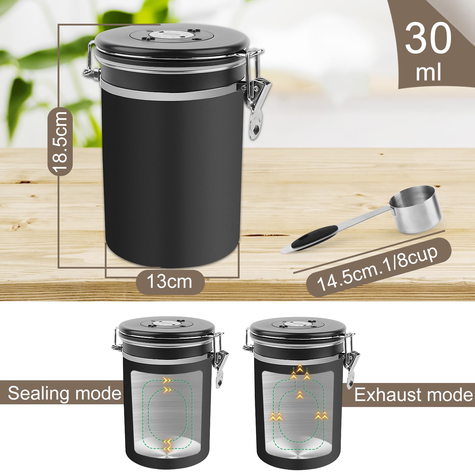 LWMTT Contenitore ermetico in acciaio inox, 1,8 l, con valvola di scarico, per chicchi di caffè, noci, cacao (BK)