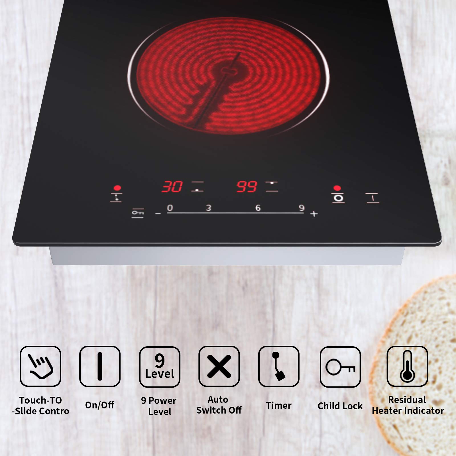 Placa vitrocerámica con 2 fuegos,placa de 2 fuegos,mesa de cocción vitrocerámica,2 fogones – (3200 W, autarkic, táctil, temporizador, vidrio-cerámica)– 2 Zona New