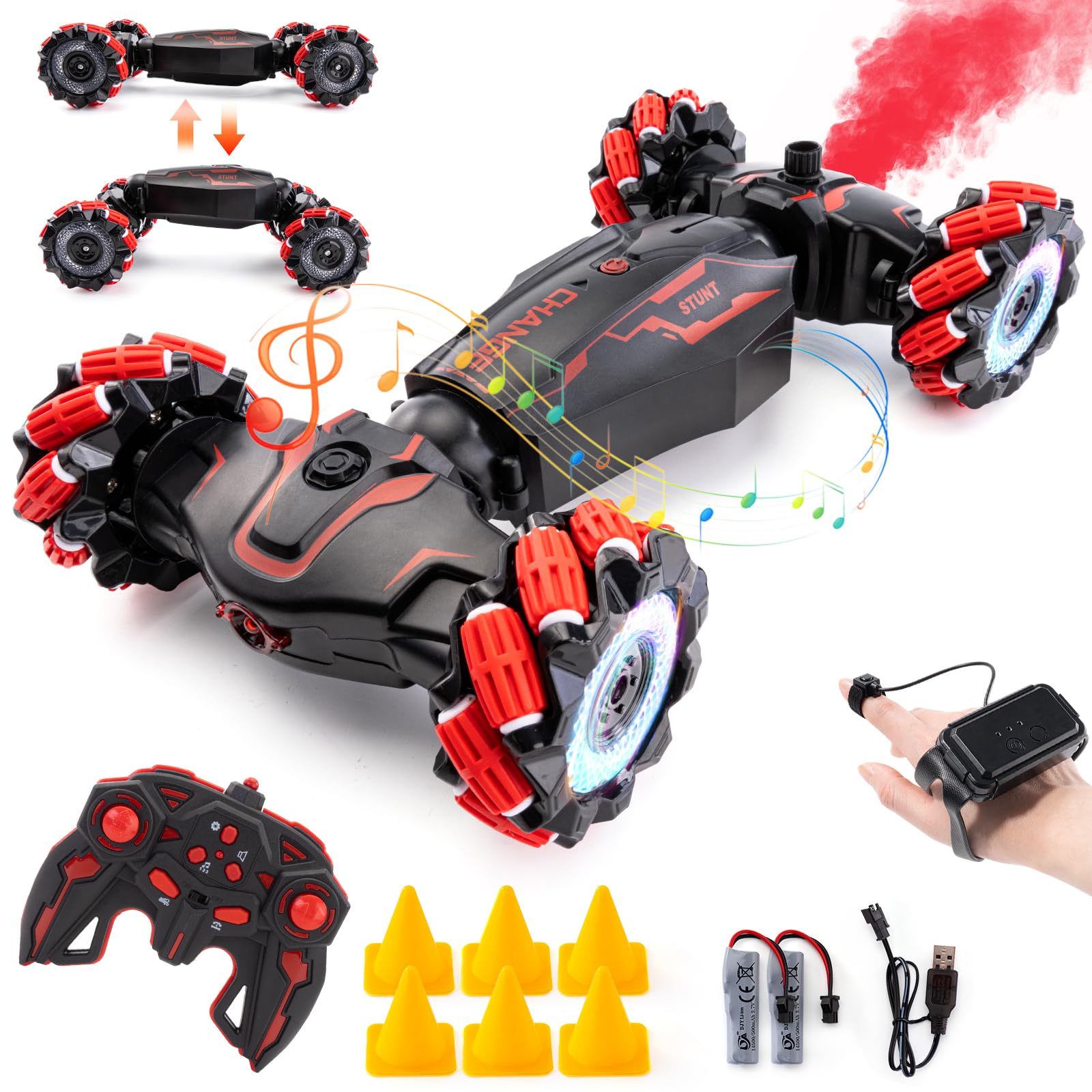 WJWMIRC Gesture Sensing RC Stunt Car, 2.4 GHz 4WD Remote Control Car 360° Rotate Transform Off-Road Drift RC Cars with Cool Lights Music, Ideal