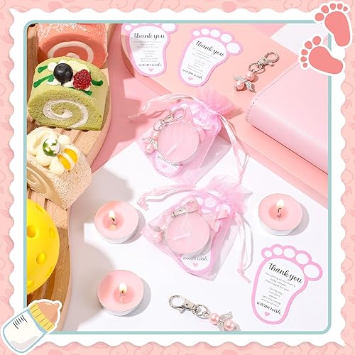 Miniatura 5 de Landical 50 juegos de regalos de baby shower para invitados, incluyendo 50 velas de té sin perfume, 50 llaveros de ángel, 50 bolsas de regalo, 50