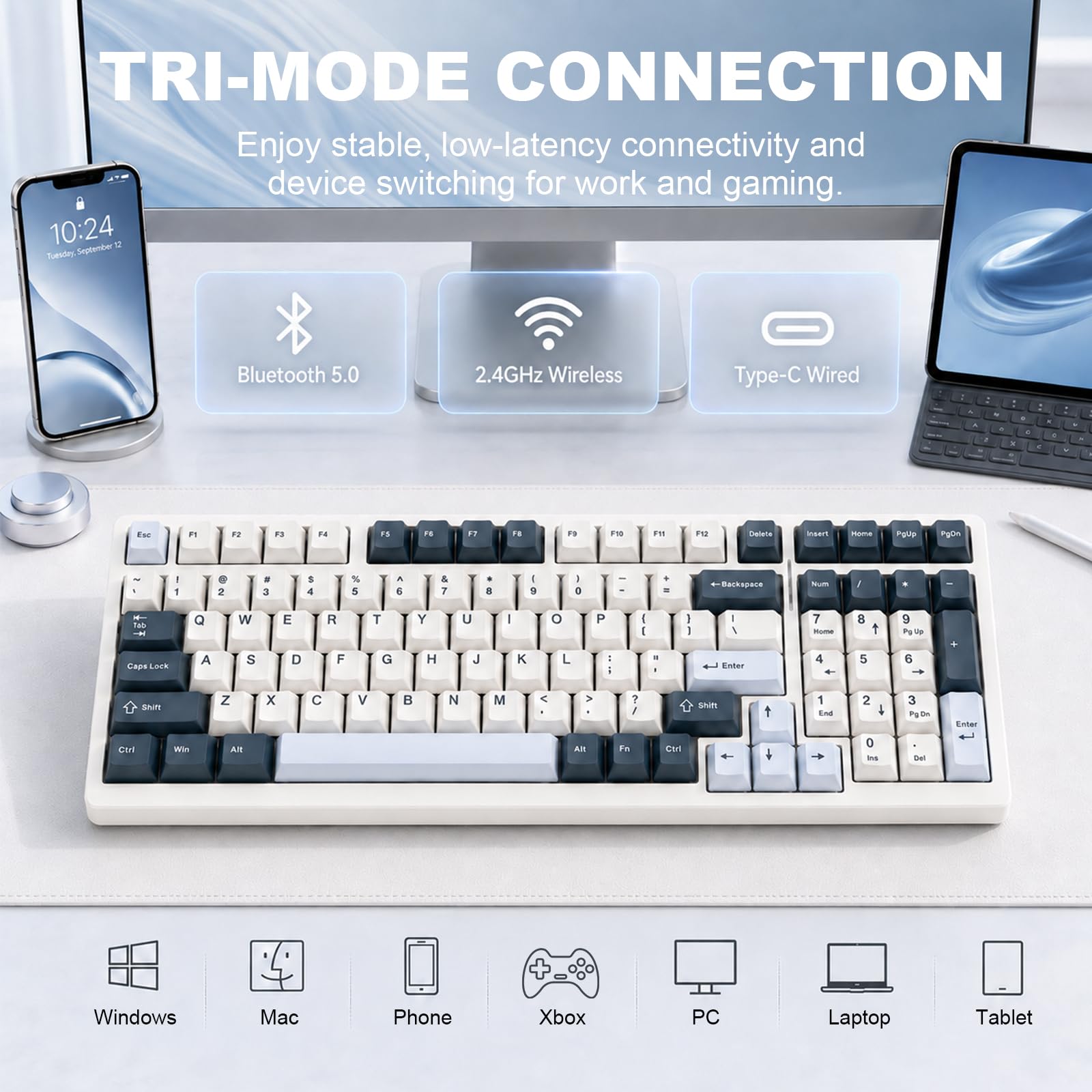 VGN Tastiera wireless S99, Tri-Mode Bluetooth 5.0/2.4GHz/USB-C, tastiera meccanica hot swap, interruttori lineari pre-lubrificati, tastiere per computer retroilluminate RGB per PC/tablet/Xbox, blu