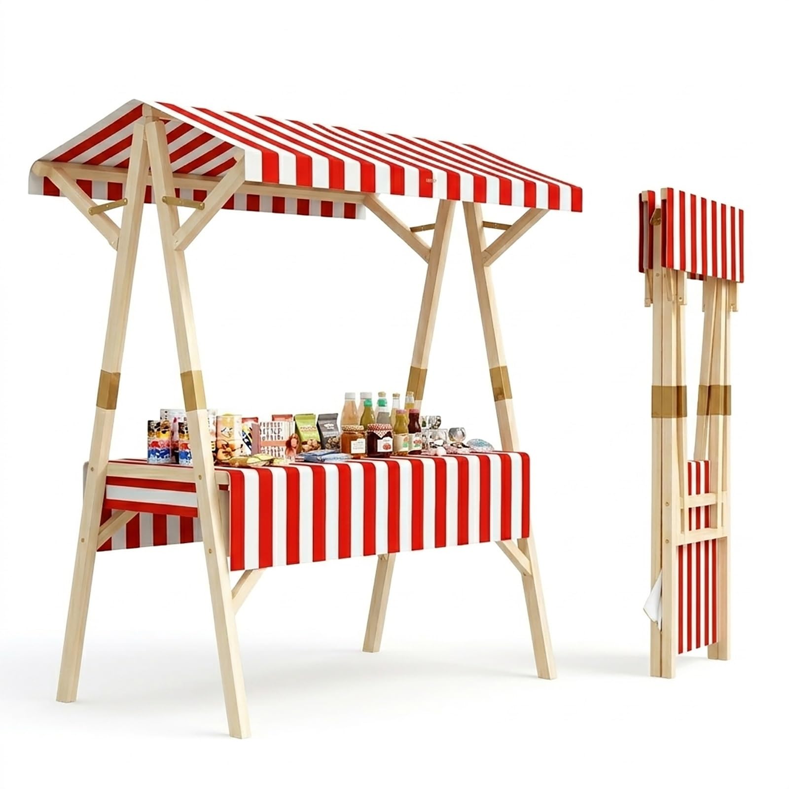 WYHBXD Portable Vendor Stand Food Cart, Folding Market Stall with Canopy & Shelves, Solid Wood Street Booth for Lemonade, Coffee, Ice Cream, Snacks, Pop-up Retail Events & Festivals(Red,120cm/47)