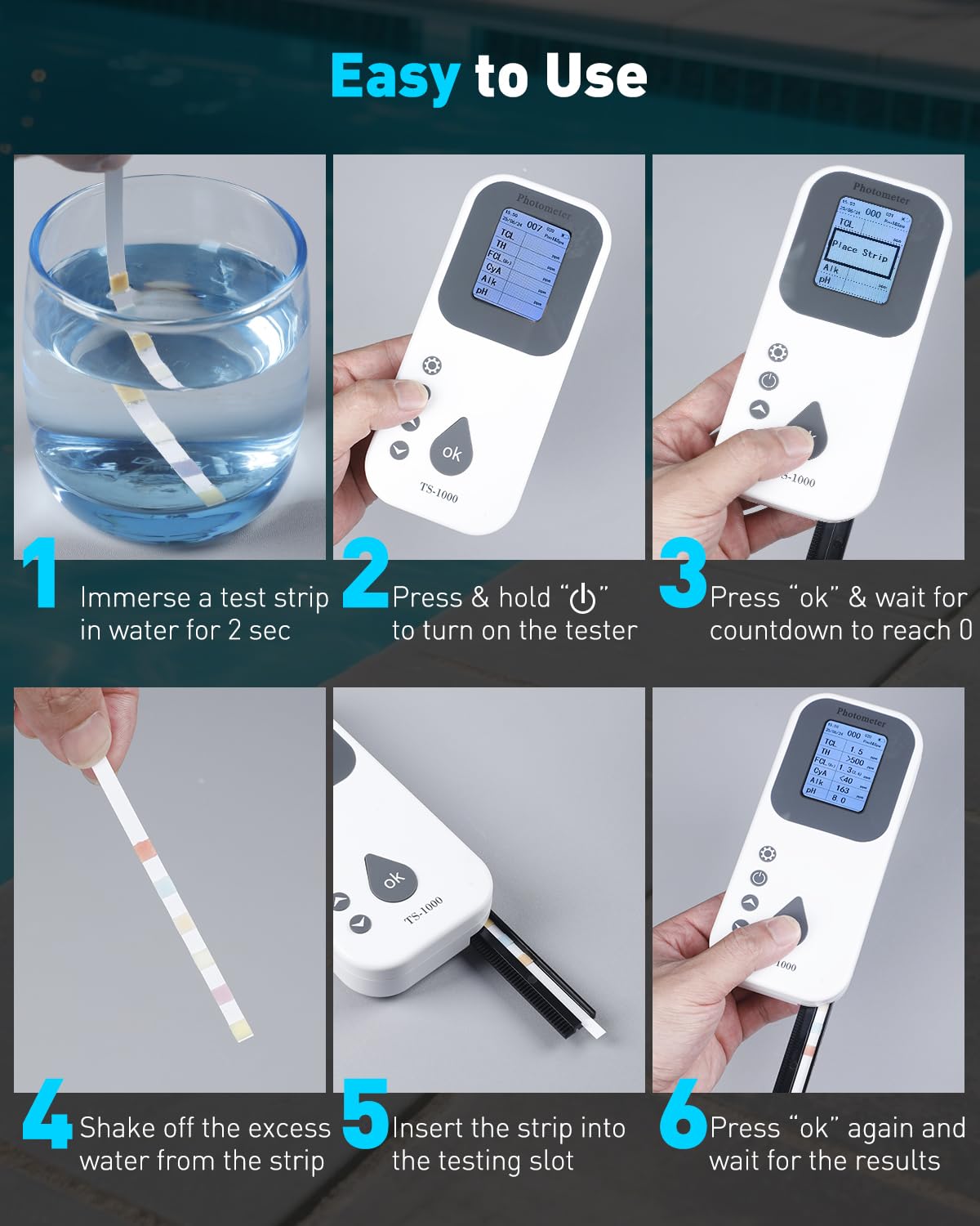 Pawfly 7 in 1 Kit Test Digitale Acqua 50 Strisce Tester per pH Durezza Totale Cloro Totale Cloro Libero Alcalinità Acido Cianurico e Bromo per Piscina e Idromassaggio