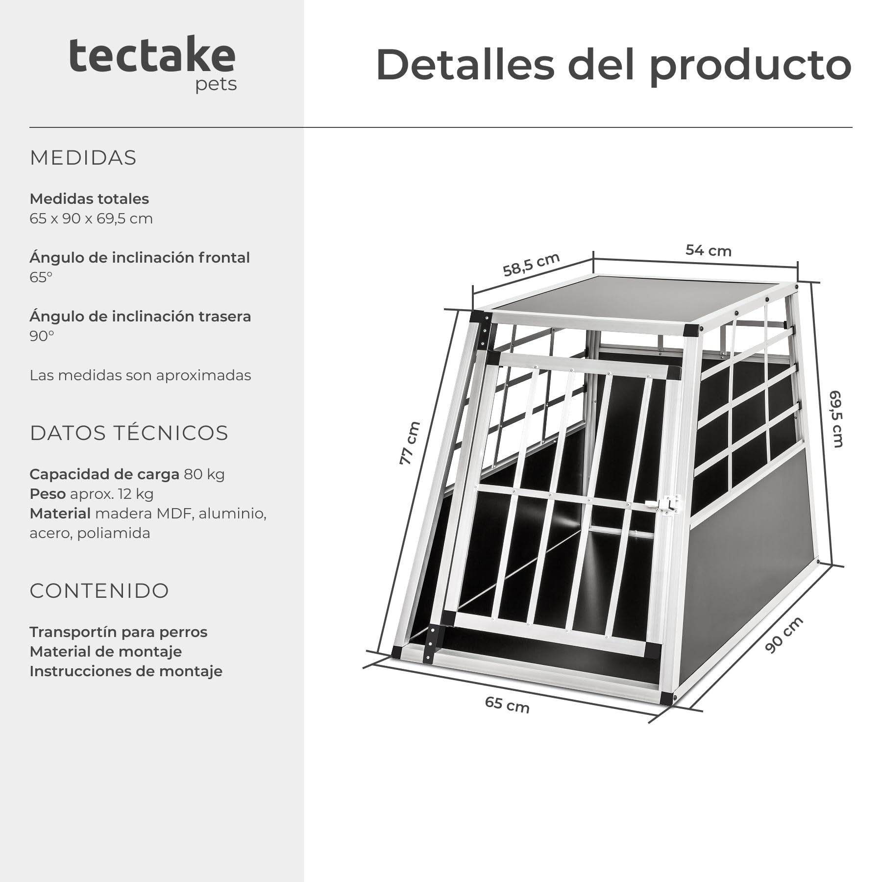 tectake® Transportin Perro Coche, Jaula para Perros con Puerta y Cerradura, Transportin Perro Grande Robusto, Fácil de Limpiar, Jaulas para Perros - 69 x 90 x 69,5 cm