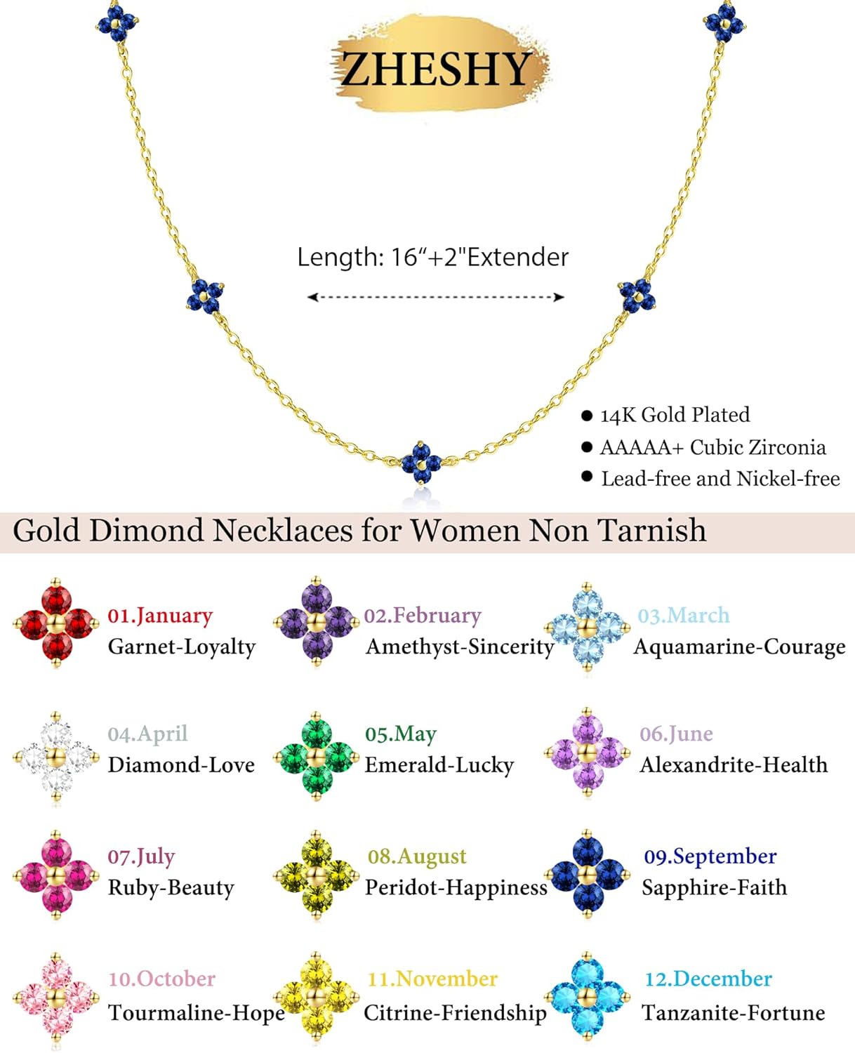 Birthstone Gold Necklace for Women Dainty Non Tarnish 14K Gold Plated Diamond Choker Necklaces Clover Emerald Green Cubic Zirconia Necklace Birthday Valentine's Day Gifts Womens Prom Gold Jewelry - Image 3