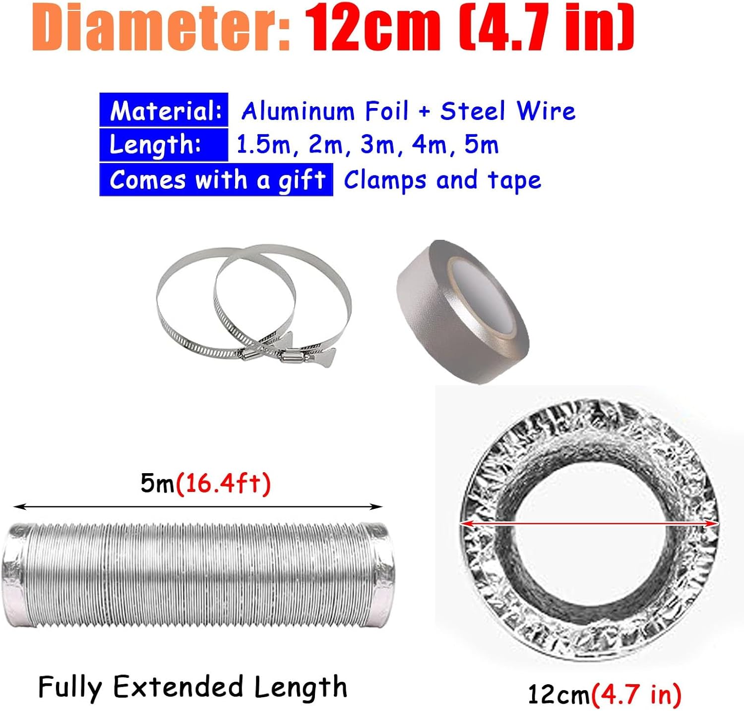 Exhaust Telescopic Hose,4" 6" Tumble Dryer Exhaust Duct Kit - 5m Aluminum Foil Vent Hose, Heat Resistant Telescopic Ducting for Bathroom/Kitchen, Flexible Ventilation Pipe, 120mm Diameter