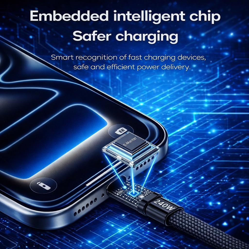 LWW 240W USB-C to USB-C Fast Charging Cable with Built-in Phone Stand, Right Angle Braided Type-C Cord for iPhone 15, iPad, MacBook, Gaming & Desk Use, PD 3.1 Durable Charger, 3-Pack