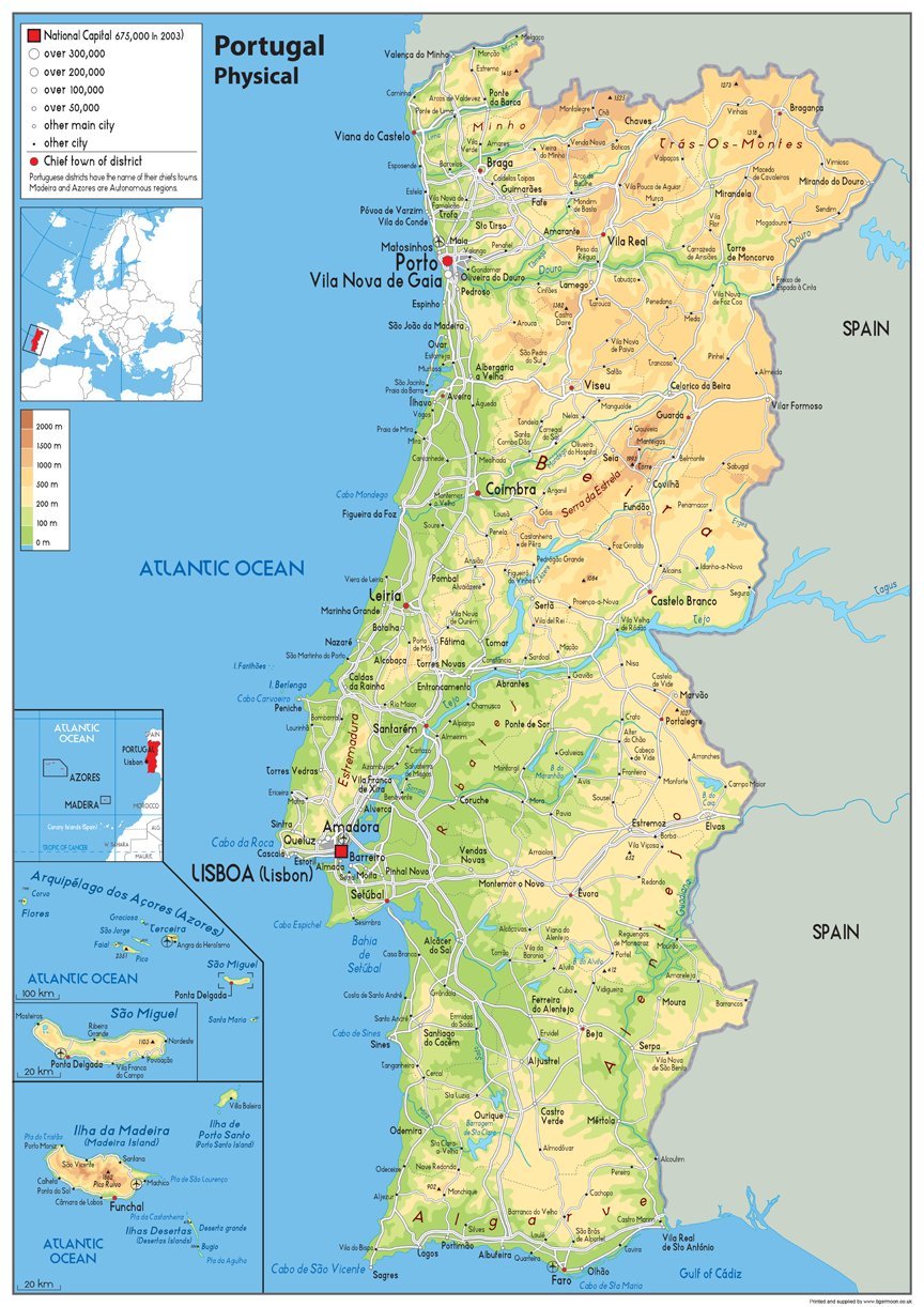 Physical Map of Portugal - Size A1-59.4 x 84.1cm - Paper Laminated