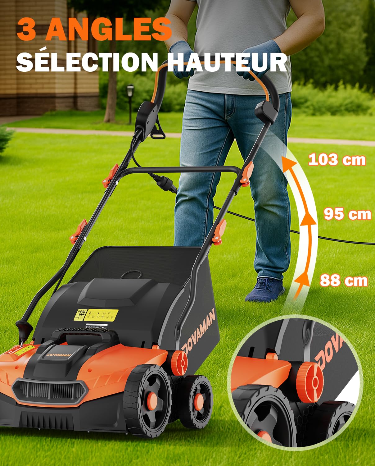 DOVAMAN DS16A 2-en-1 Scarificateur & Aérateur Électrique, 1500W, Largeur 40cm, 5 Profondeurs Réglables, Design Pliable, Bac 45L, Hauteur Réglable, Léger, Idéal pour Scarifier et Aérer