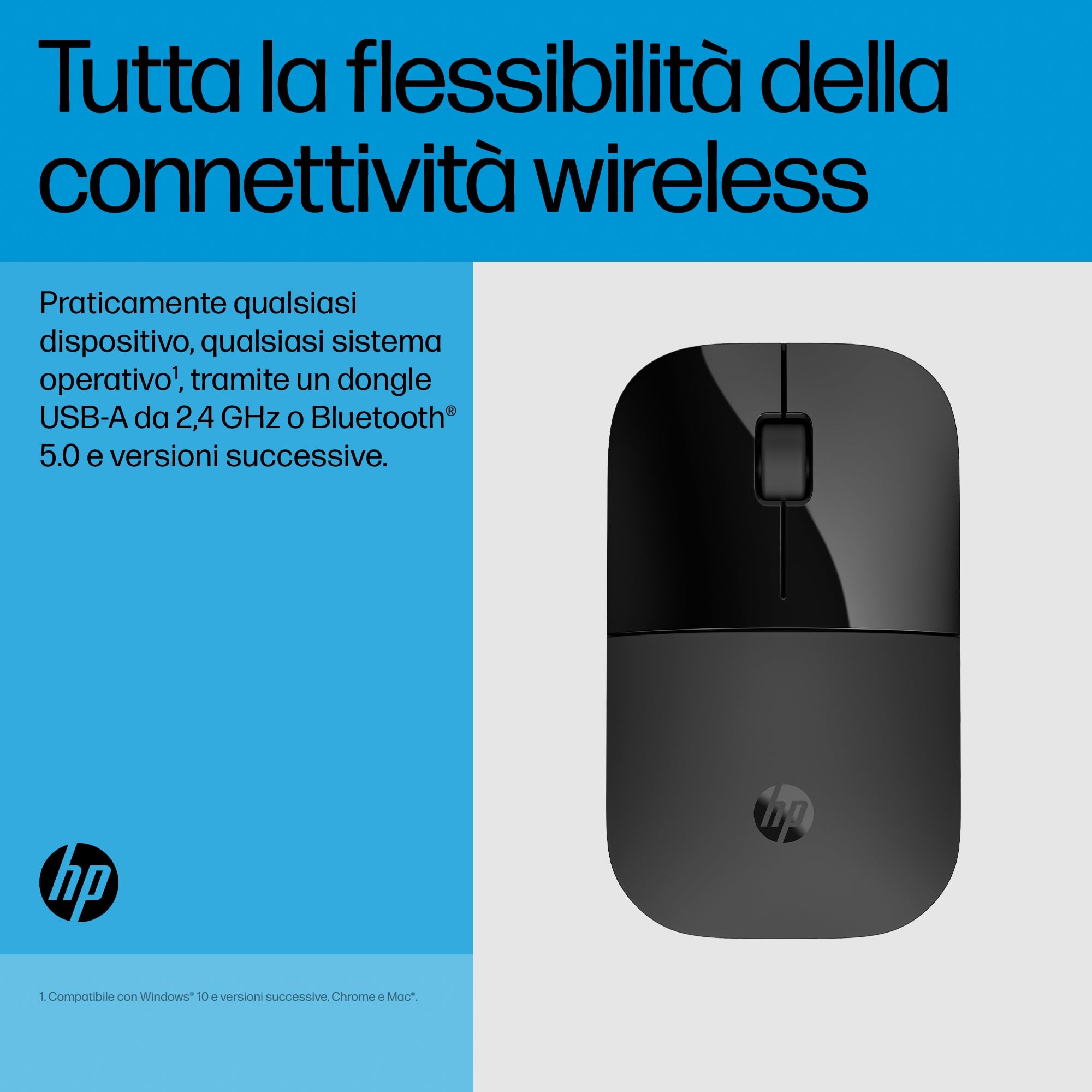 HP Z3700 Mouse Wireless 1200 DPI LED Blue 3 Pulsanti Ricevitore USB 2.4 GHz Nero