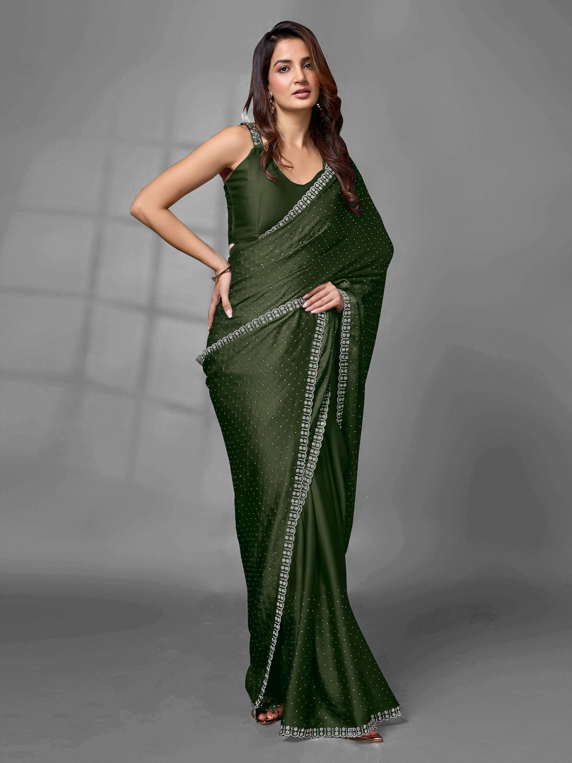 TRENDMALLS Damen Satin Georgette Zarkan Arbeit Saree mit Unstitch Bluse Stück