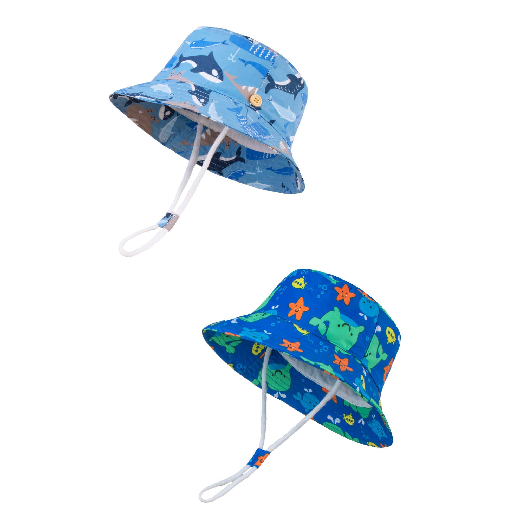 Langzhen Boys Whale+Fish School Sun Protection Hat For Kids Toddler Girls Wide Brim Summer Play Hat Cotton Baby Bucket Hat With Chin Strap - Multicolored - Medium