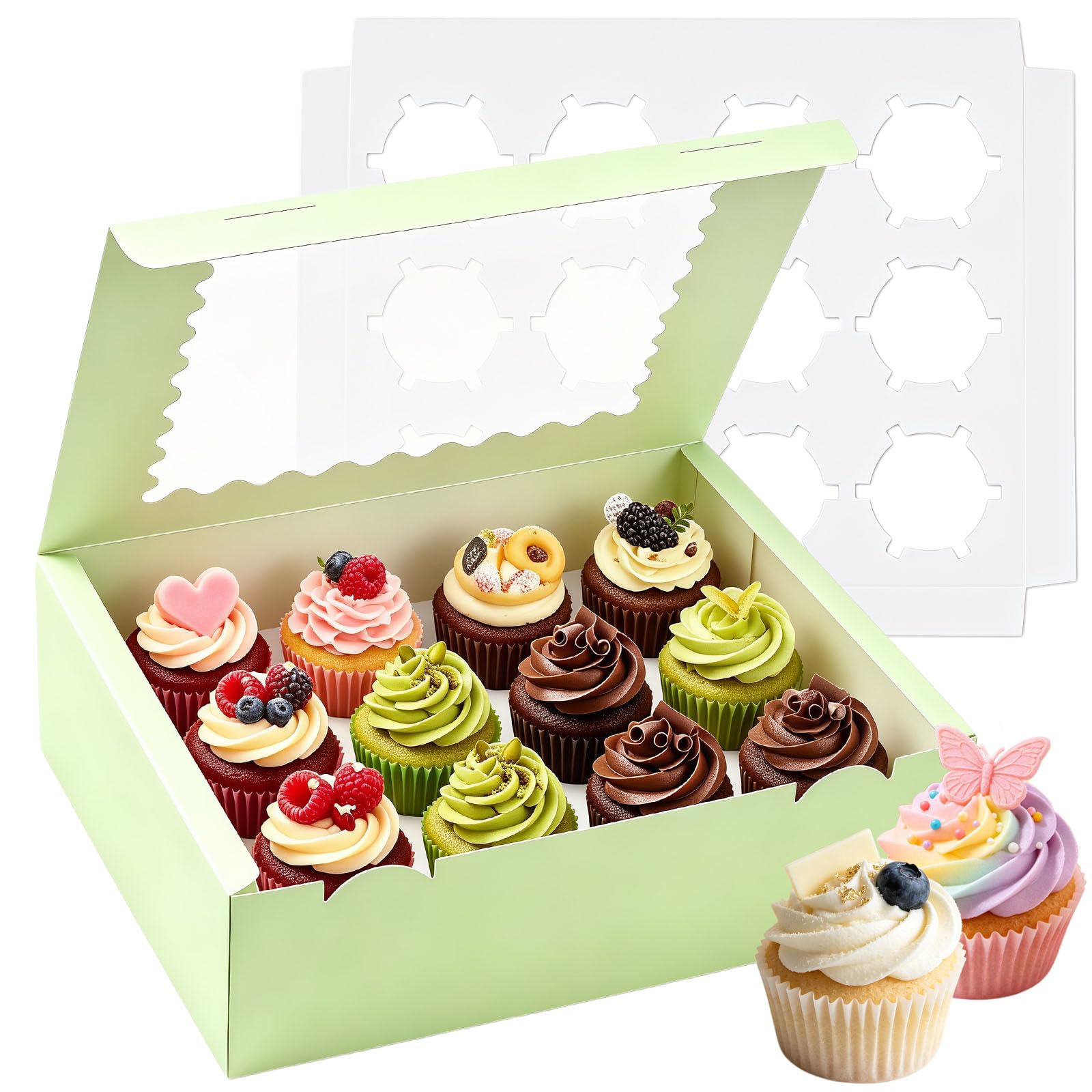 RONGZUBAT 10 Pack Sage Green 12 Hole Cupcake Boxes with Clear Window and Inserts, 33 x 24 x 7.5 cm Cardboard Cake Boxes for Muffins, Pastries, Weddings and Parties