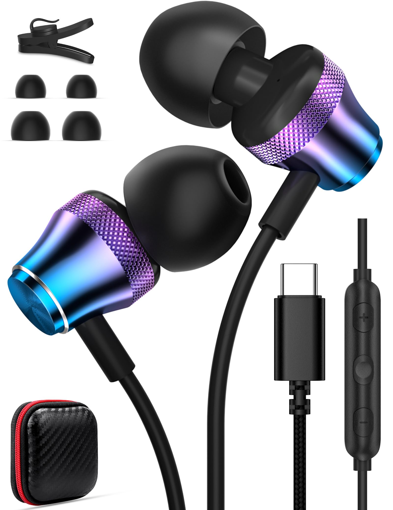 cuffie usb c tipo c auricolari cablate per smartphone hi-fi in viola