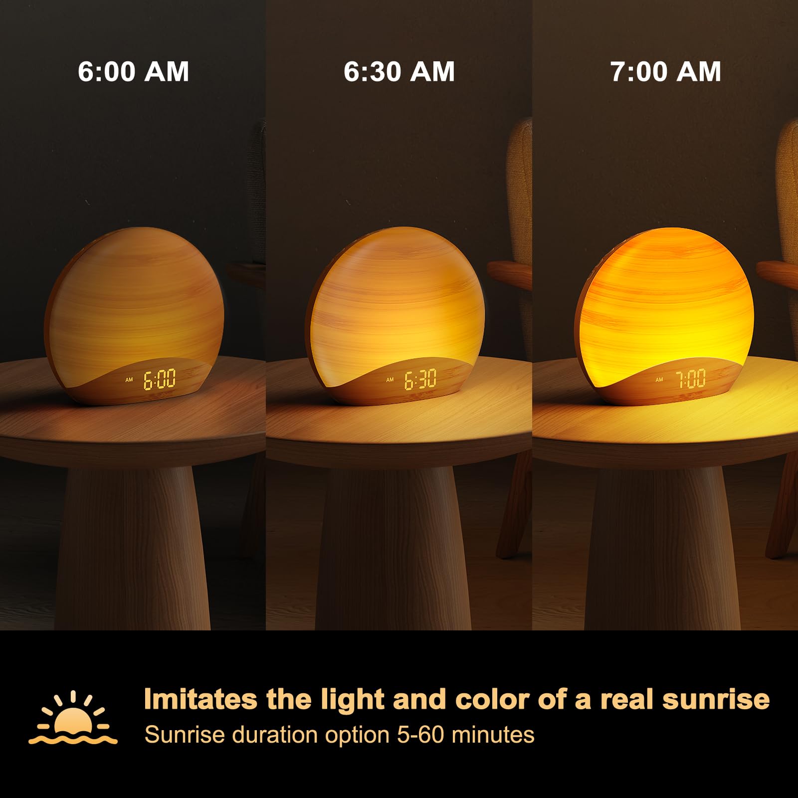 REACHER Sunrise Alarm Clock Wake Up Light, Sound Machine with 26 Nature Inspired Sleeping Sounds, 0-100% Dimmable Clock - Image 3