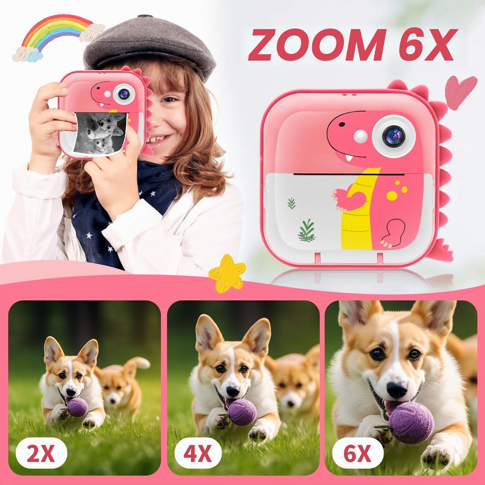 TOYOGO Cámara Instantánea para Niños, Cámara de Impresión Digital, Pantalla 2.4 Pulgadas, Video 1080P & 12 MP Doble Lente, 32G, 5 Rollos de Papel, Regalo para Cumpleaños y Navidad