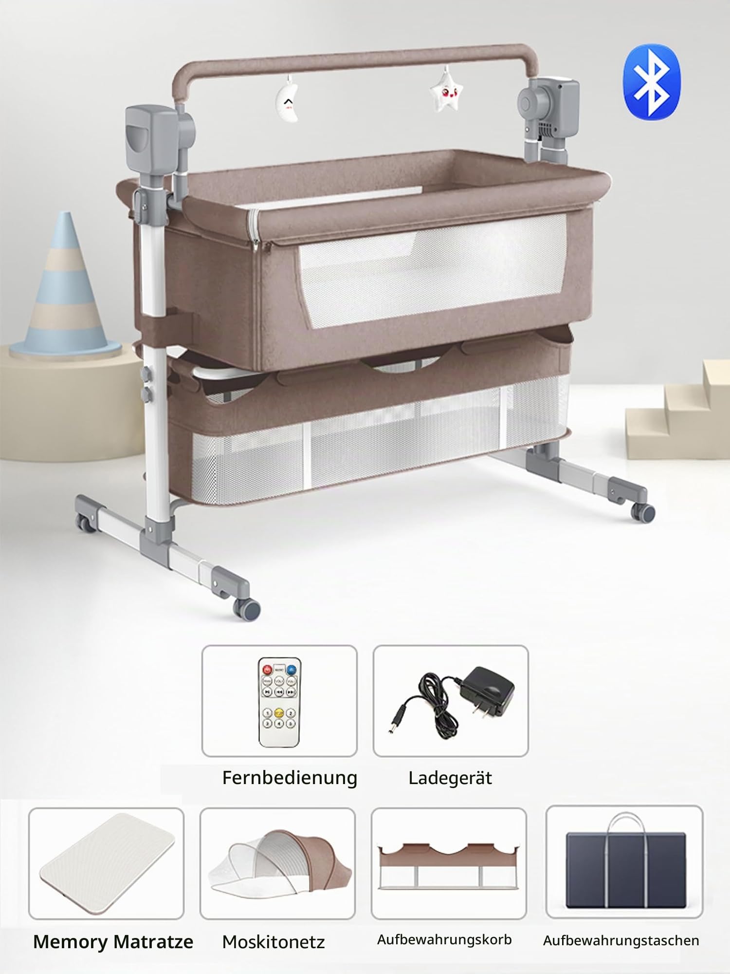 Magic ZC Beistellbetten Baby Bettchen Baby Bassinet Säugling Bettchen Schläfer Convertible Multifunktionale Portable Baby Swing Cradle mit Bluetooth Musik 5 Swaying Gears Remote Control (Khaki-1)