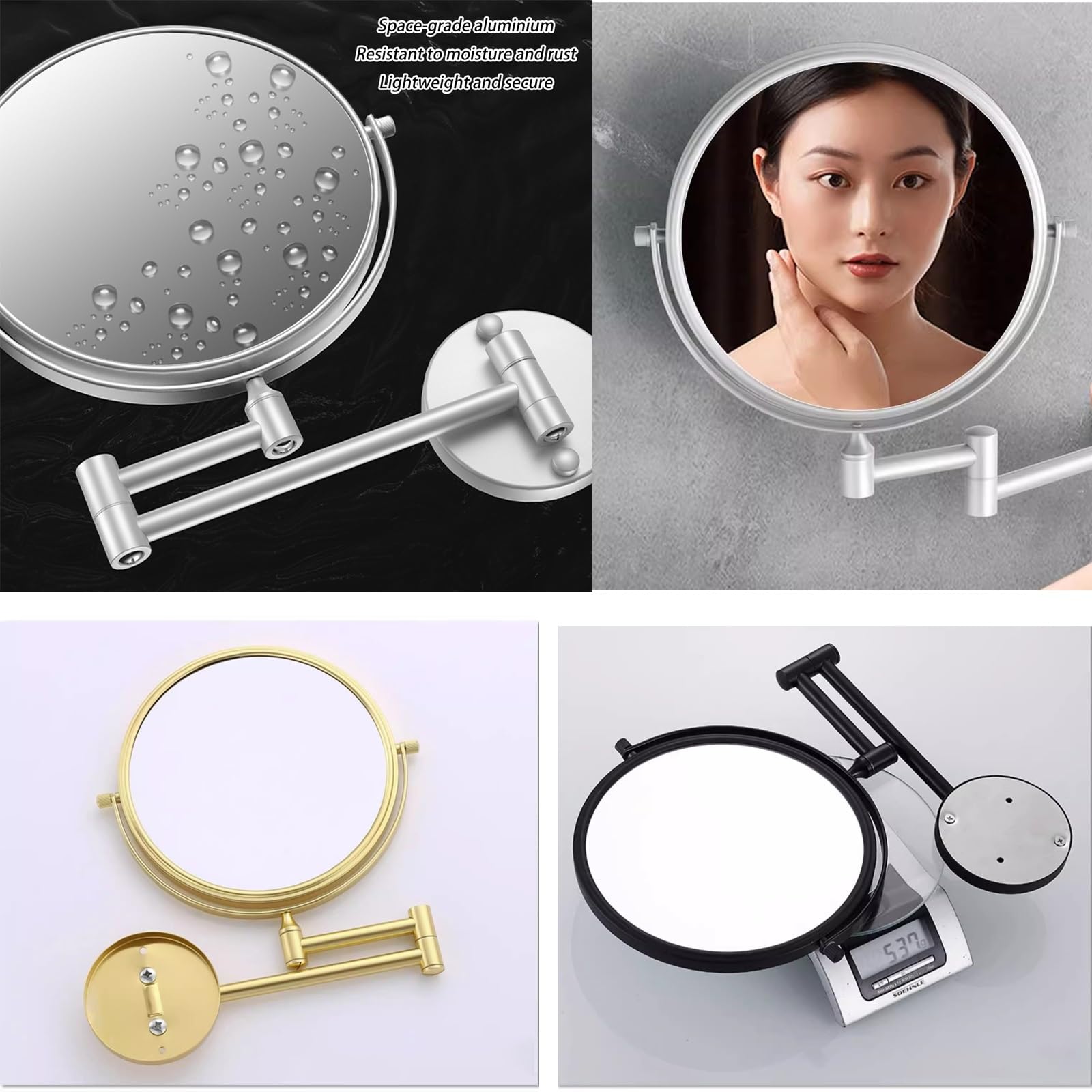 Specchio Trucco Da Parete Specchio Cosmetico Con Ingrandimento 1x/3x, Estensibile A 360 °, Specchio Da Bagno Per Trucco O Rasatura Braccio Pieghevole Estensione(Noir)