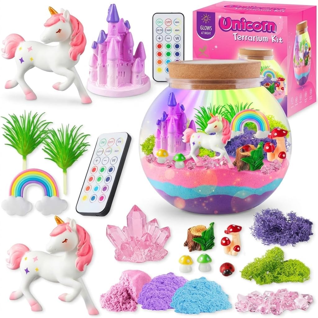 SHAHNARO Pink Unicorn Terrarium Kit for Girls – Light-Up DIY Unicorn Toy for Kids, Arts & Crafts Gift, Terrarium Kit for Kids Ages 4-8, Girls Birthday Gift