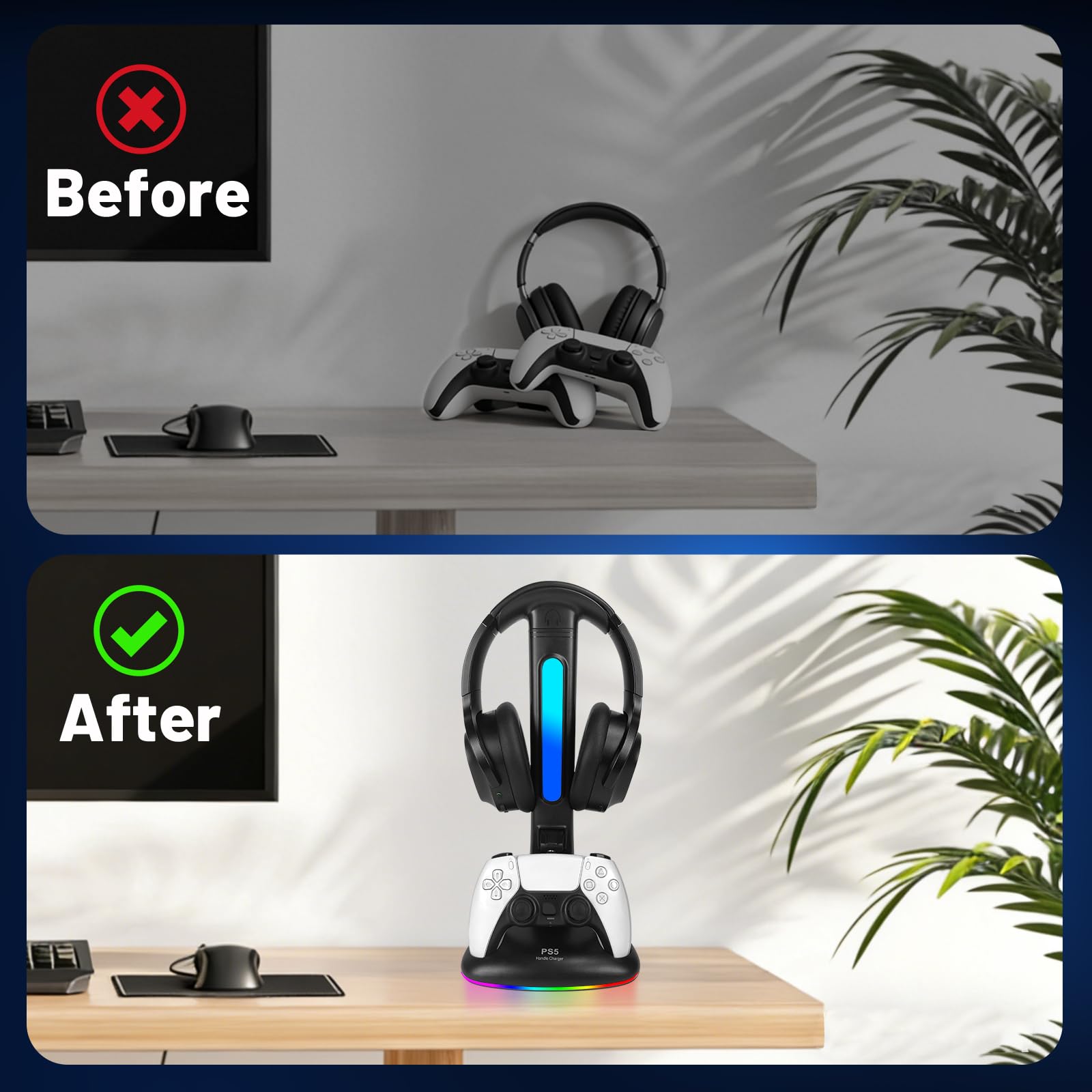 Caricabatterie per controller PS5 con supporto per cuffie RGB, stazione di ricarica per controller PS5 con 2 porte USB, supporto per cuffie e controller per PlayStation 5, regali di gioco per