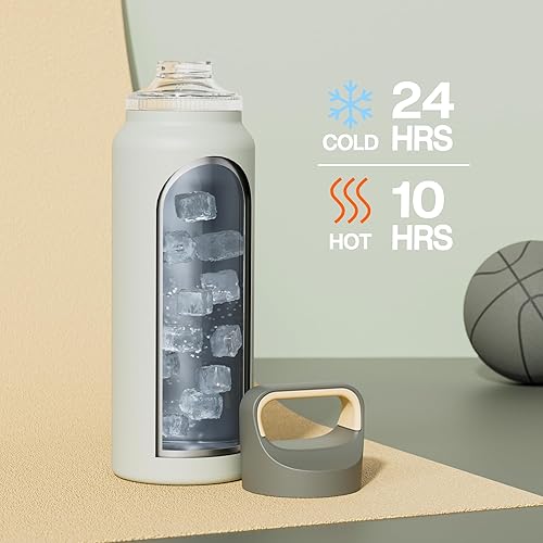 Miniatura 3 de Botella de agua aislada de 40 onzas para pesca: 3 tapas, a prueba de fugas, mantiene el hielo 24H y caliente 12H, de doble pared, gran botella de