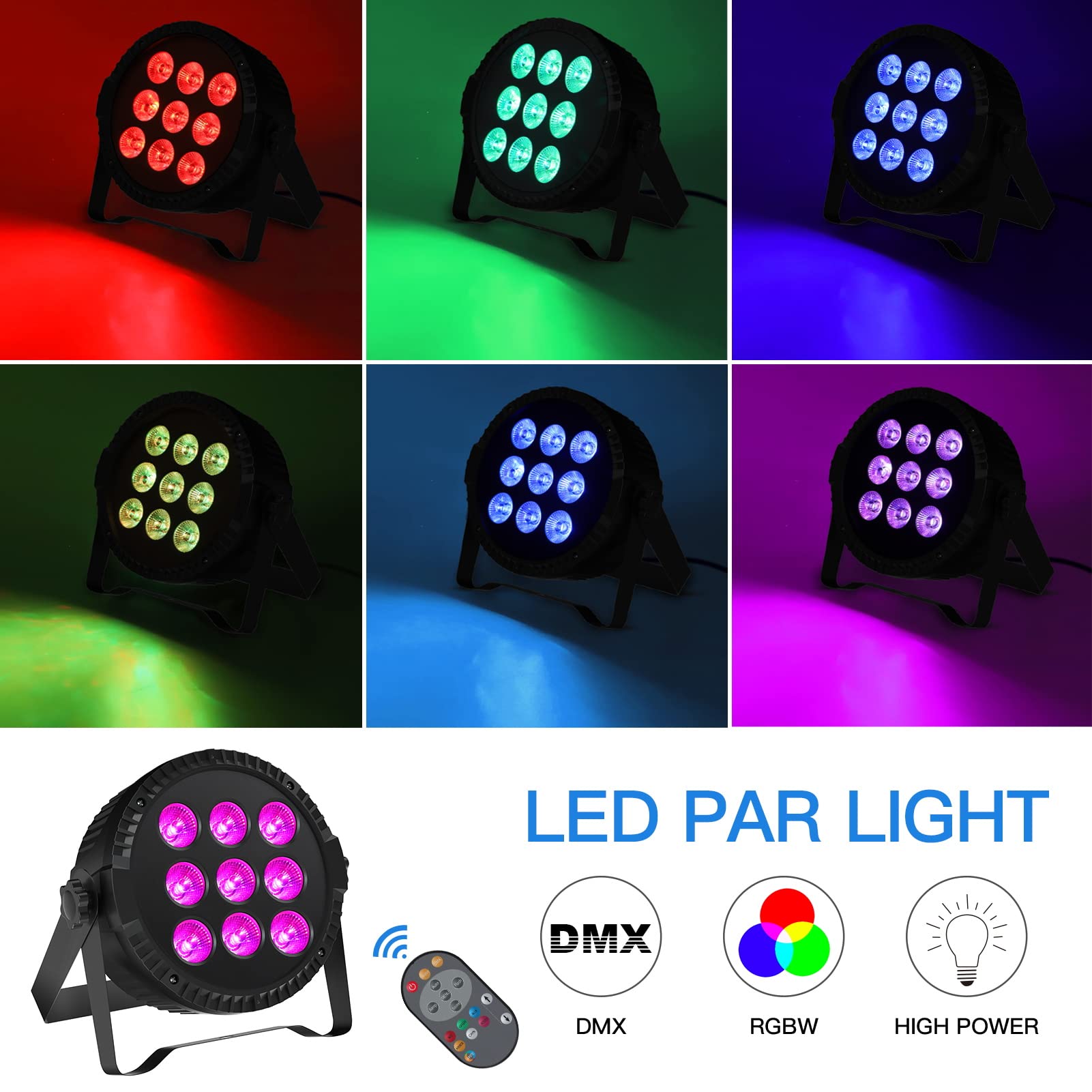 4PCS 54W LED Par Scheinwerfer, 9 LED RGBW LED Par Strahler DMX Bühnenbeleuchtung mit Fernbedienung, Sound/Master-Slave Bühnenlicht für Party, Bar, Tänze, Geburtstagsfeiern und Weihnachten