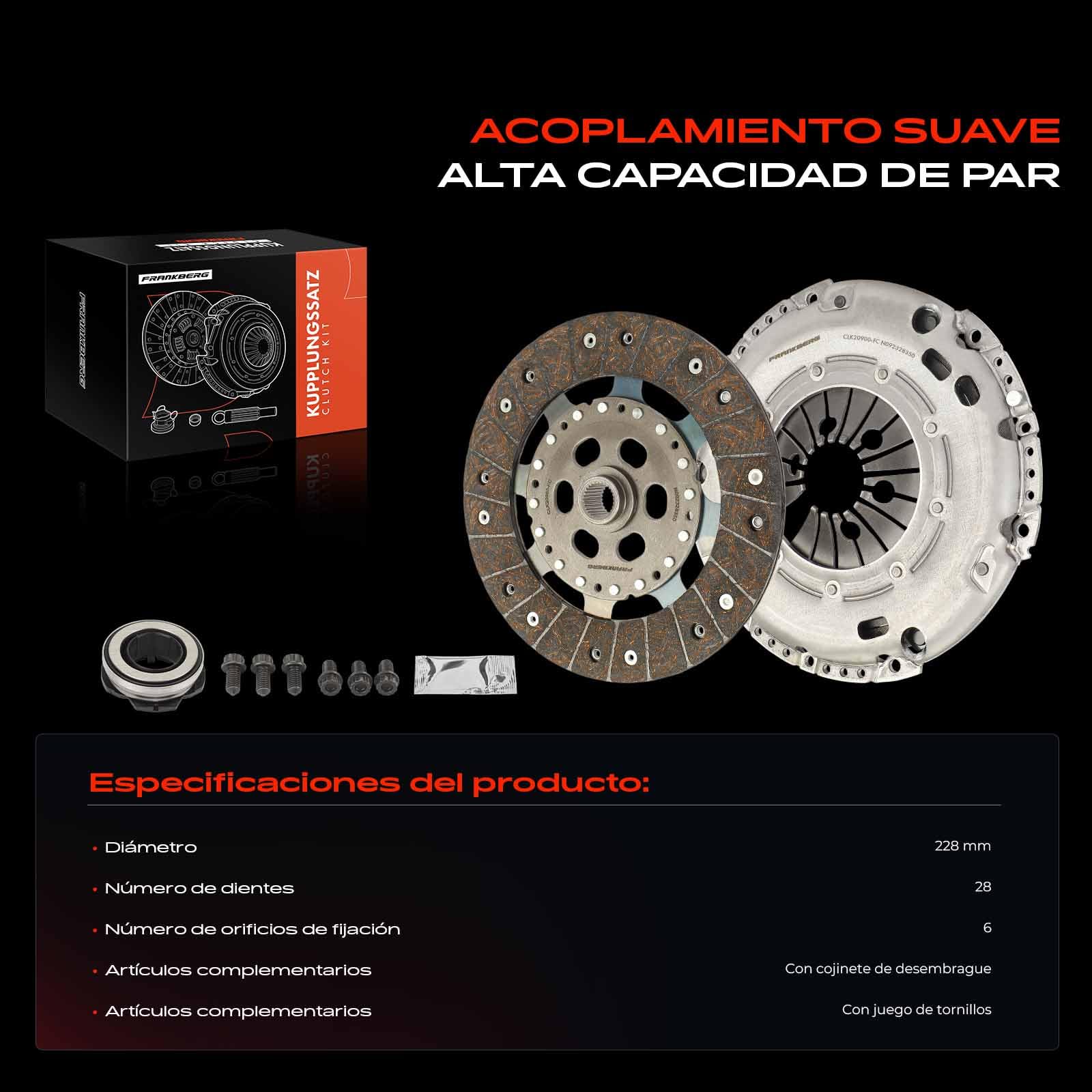 Frankberg Kit de embrague 02A141165A | Compatible con: Altea XL 5P5 5P8, T.o.u.r.a.n 1T1 1T2, A3 8P1, Golf Plus 521 5M1, O.c.t.a.v.i.a II 1Z3, P.a.s.s.a.t 3C2