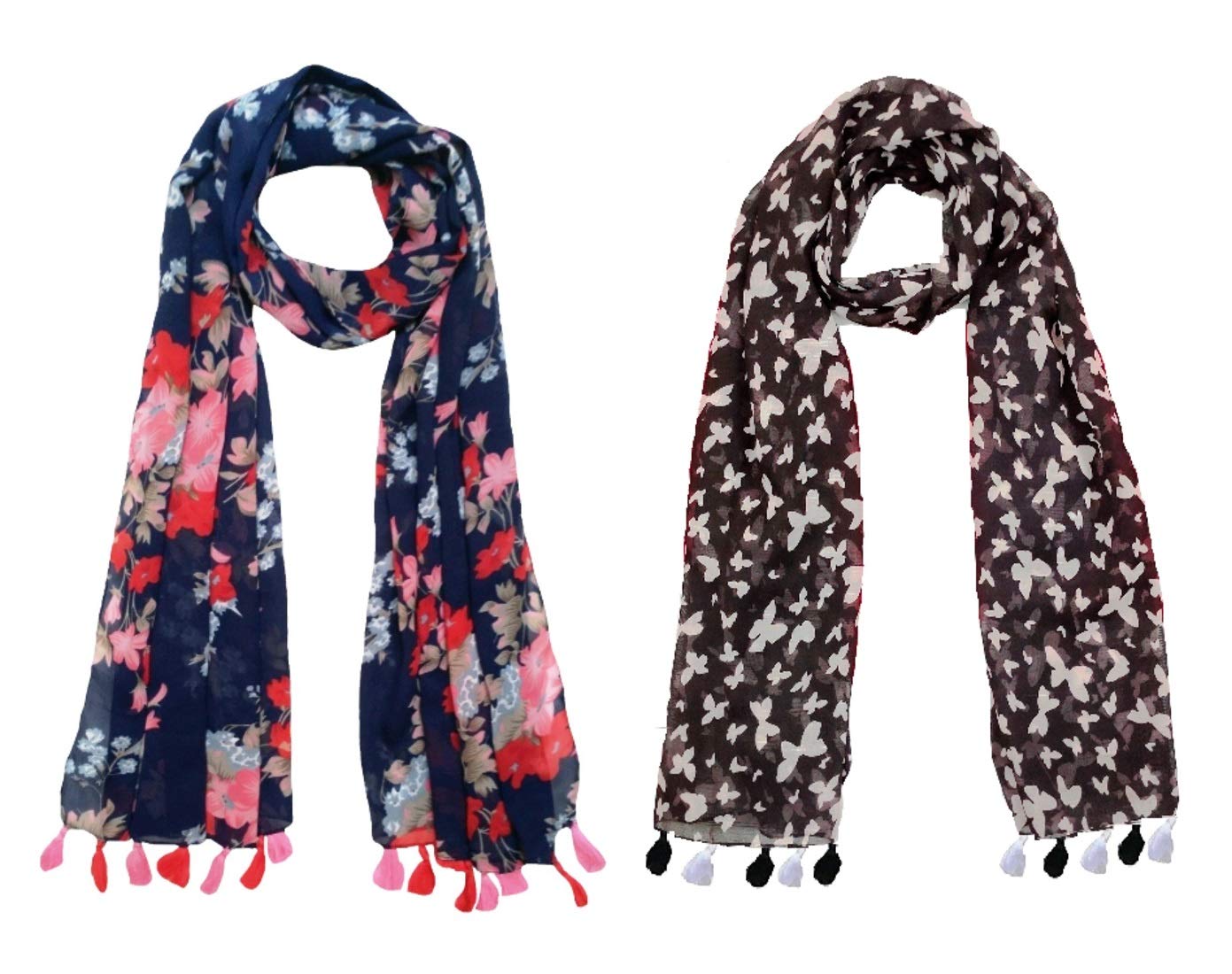 FABS COLLECTION™ Women's Printed Chiffon Multicolored Scarf & Stoles with Pearl Tassels Set of 2(C2-06)