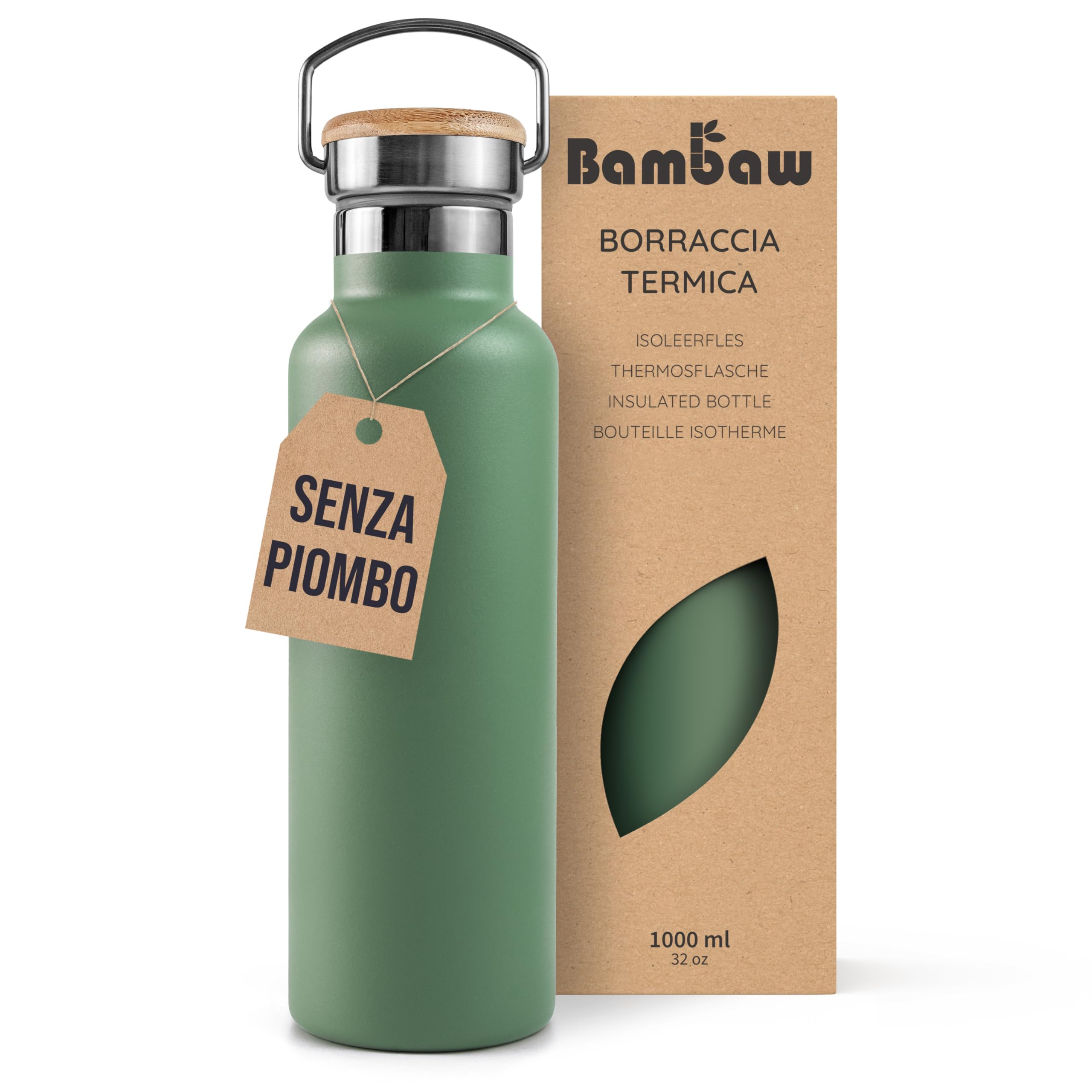 Bambaw Botella TéRmica 1 Litro, Botella Agua Verde, Botella Agua Acero Inoxidable 1 Litro, Botella Gimnasio, Termo Agua Caliente Y FríA, Cantimplora Acero Inoxidable – Verde Salvia-image