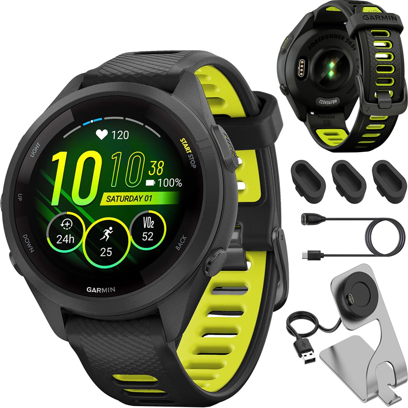 Garmin 010-02810-03 Forerunner 265S GPS Smartwatch Black/Amp Yellow Bundle with Deco Essentials Charging Dock, Silicone Dust Cover 3 Pack and USB Type