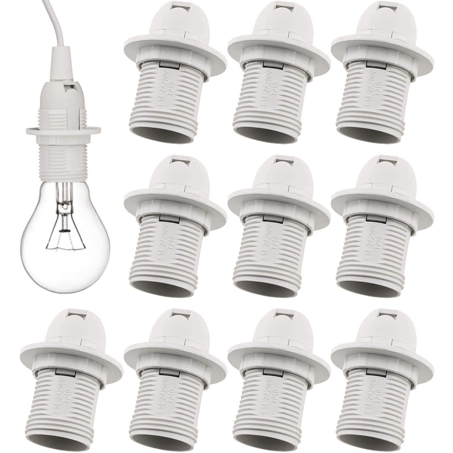 Excefore E14 Lamp Holder, 10 Pieces Screw Lamp Holder Light Bulb Adapter 250V 2A High Conductivity E14 Pendant Socket & Replacement Ring