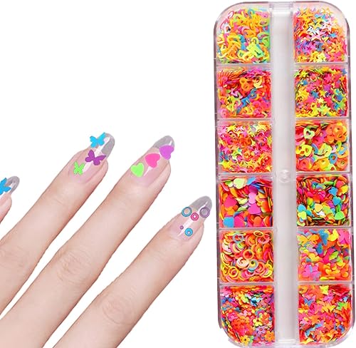 BAIWANLCH 1 caja de uñas de lentejuelas fluorescentes para uñas, residuos de uñas con purpurina de uñas con 12 patrones para mujeres, diseño de arte