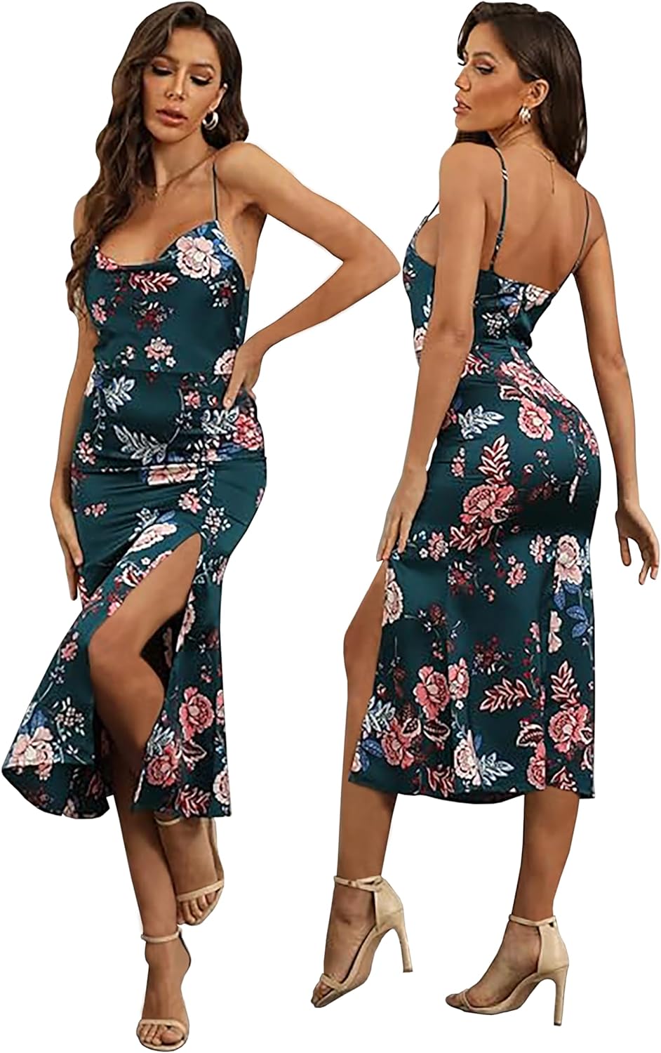 Tsher Women's Sleeveless Spaghetti Strap Satin Wedding Guest Party Dress Cowl Neck Backless Midi Formal Dresses