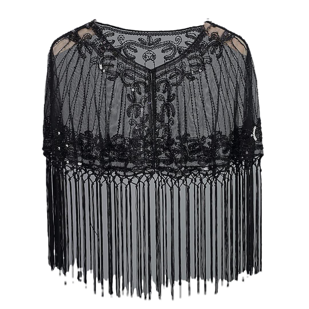 Sciarpa in pizzo e rete, Scialle da donna con frange e paillettes, trasparente, ricamo floreale, in rete, multicolore