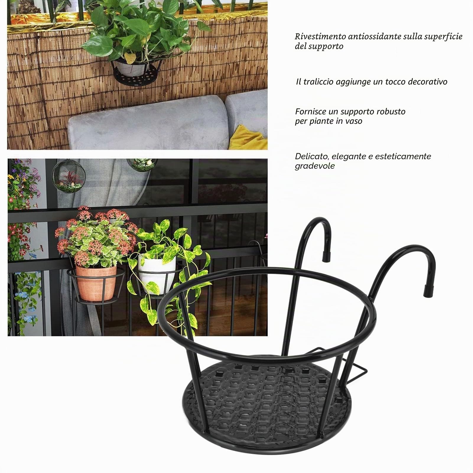 Cestino per Fioriere Sospese da 2 Pezzi, Cestini Sospesi in Arte del Ferro Portavasi da Fiori, Portavasi Multiuso per Ringhiere Sospese in Arte del Ferro Supporto in Vaso in Metallo Cremagliere per Pi