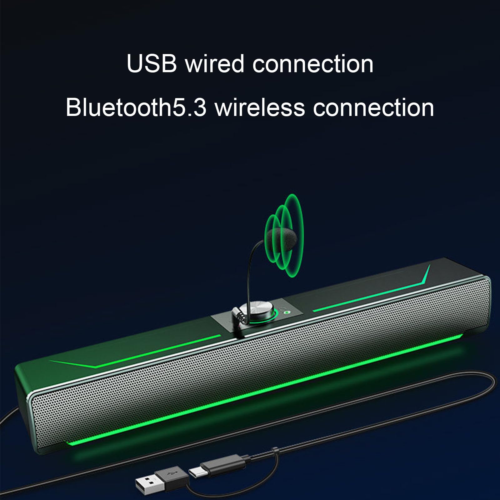 Haut-parleurs PC, 3W Portable Stéréo Surround 3D Soundbar avec lumières LED vertes, USB Bluetooth5.3 Audio 2.0 Canaux Caisses Moniteur pour PC de bureau Ordinateur Portable TV (USB+Bluetooth5.3)