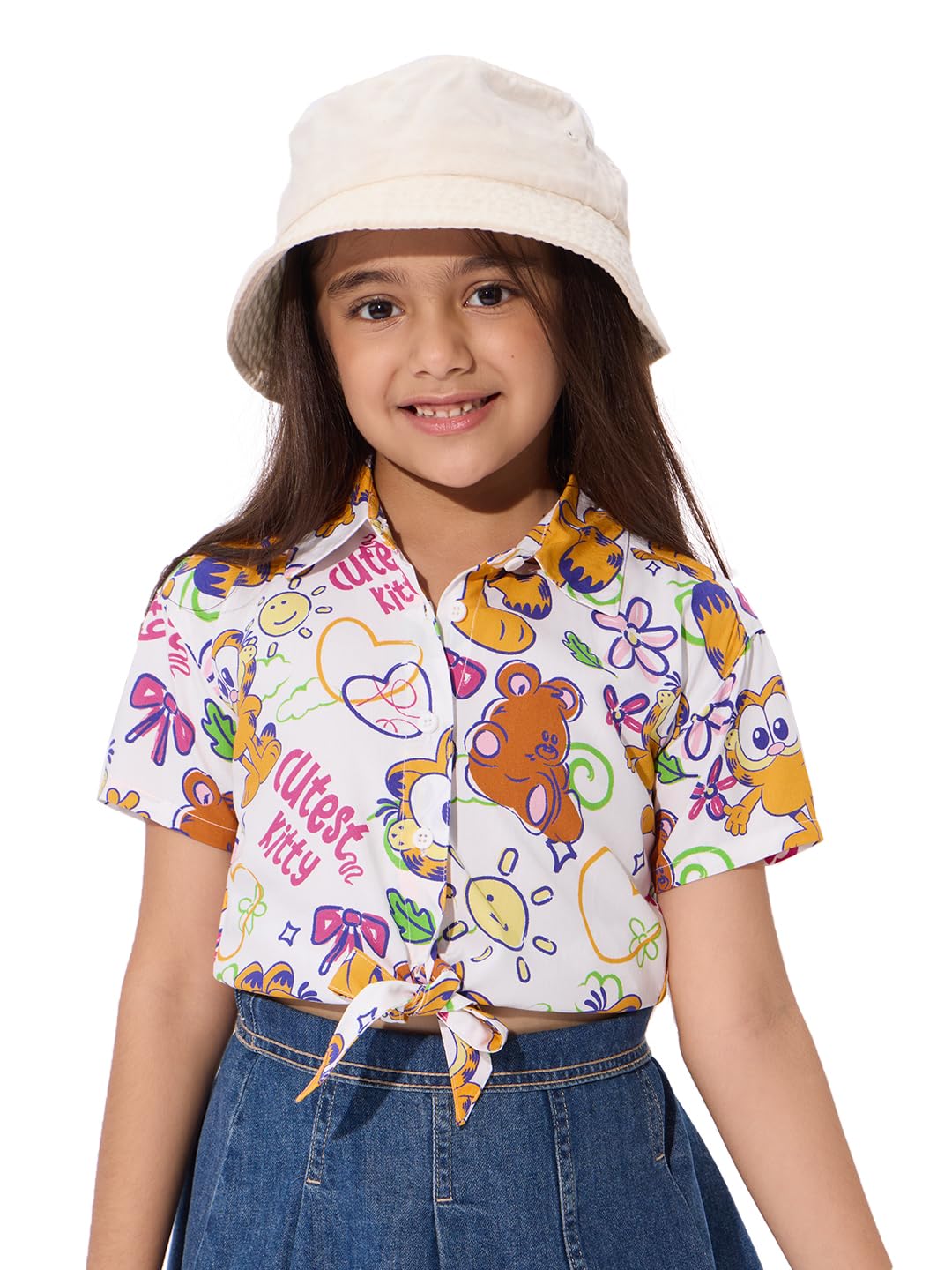 The Souled Store Garfield: Cutest Kitten Girls - Camiseta corta de algodón estampada con cuello y cuello blanco