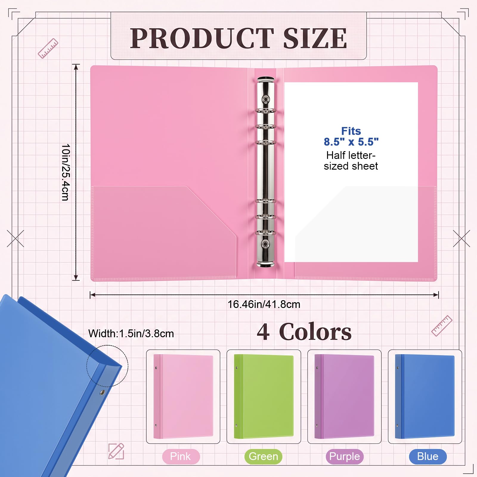 ReliThick Kleine Ordner für Halbbriefpapier, 21,6 x 14 cm, PP, 3-Ring-Mini-Ordner-Set, 225 Blatt, 2 transparente Taschen, Notizbuch-Organizer für Schulbedarf, Büro, Zuhause, Scrapbooking, 4 Farben, 16