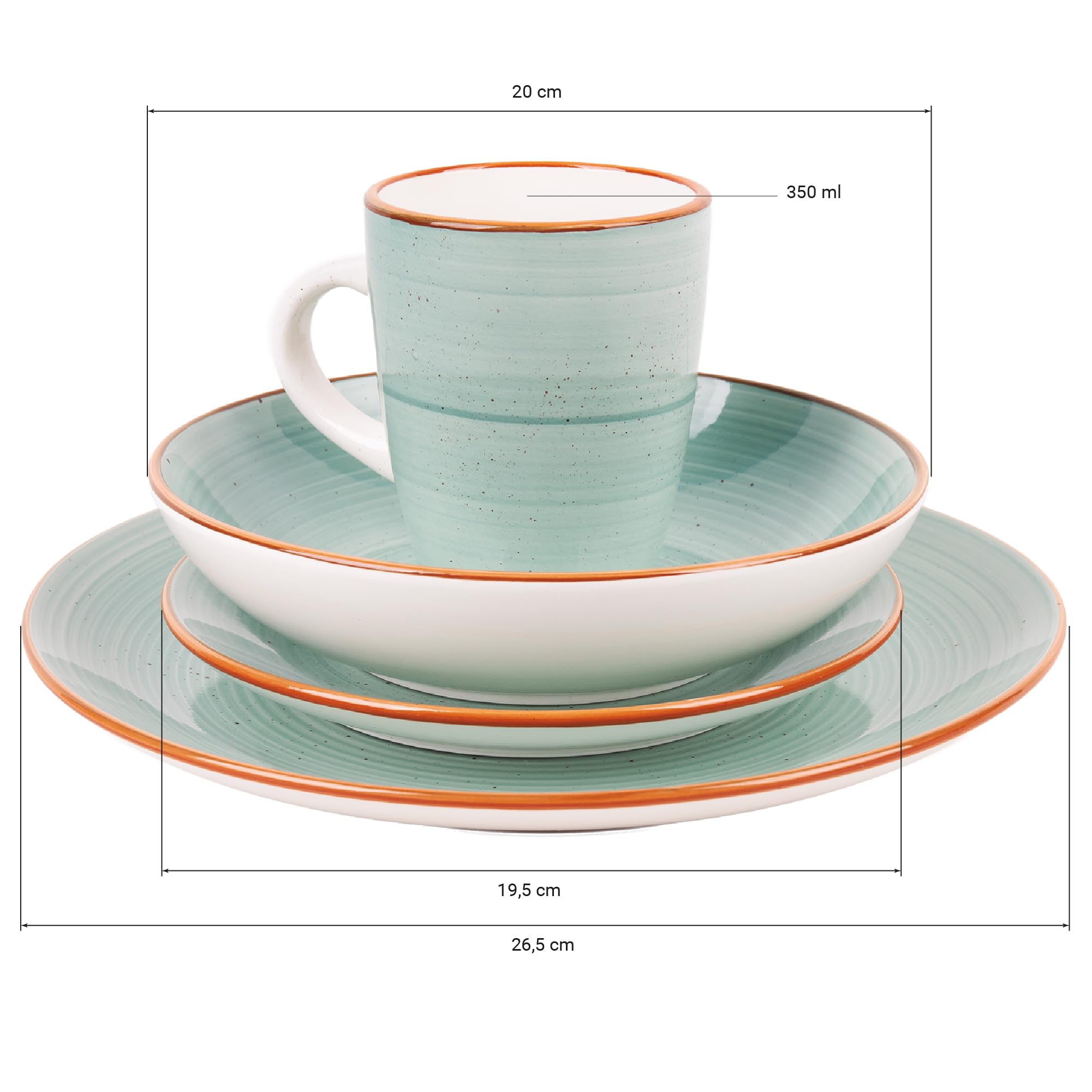 Cofan Vajilla de cerámica color verde agua pintada a mano | Set de 16 piezas | Apta para lavavajillas, microondas y horno