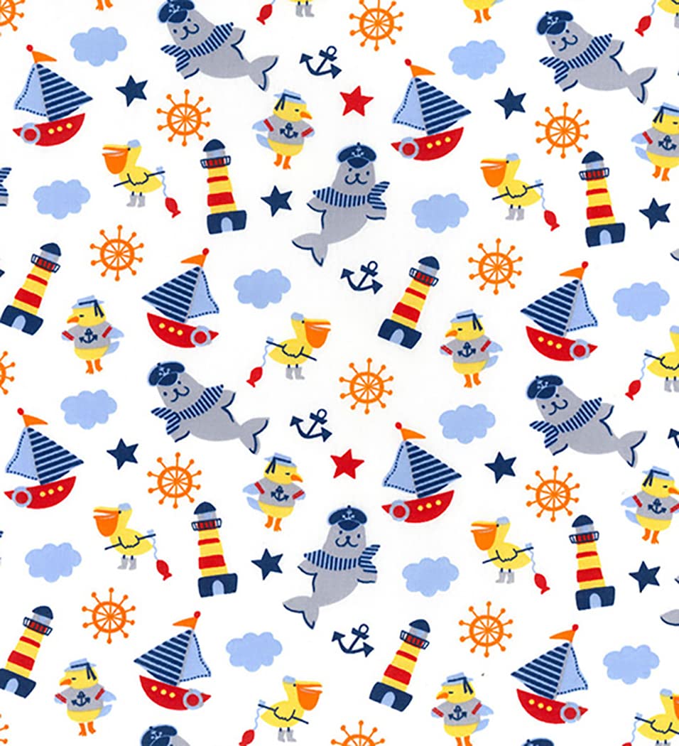 Wholesale Fabrics White Cotton Fabric - Childrens Nautical Boats On - Craft Fabric Material Metre