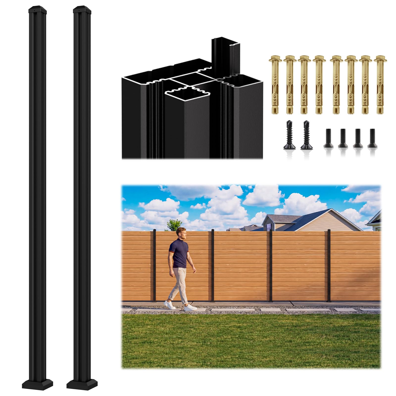 View 1 of 1 Pack 6FT 3-Way Aluminum Fence Post, 1.8mm Thick Walls & 10mm Base, Matte Black Wood Fence Post, Rustproof & Weather-Resistant for Outdoor Privacy Panels