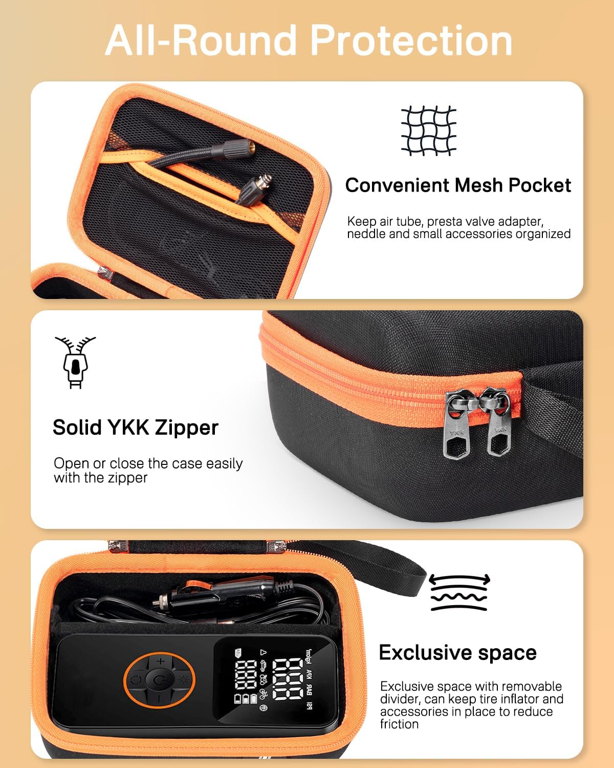 RAIACE Hard Carrying Case Compatible with LOLSSA/fit for GJOSYOI Tire Inflator Portable Air Compressor, Storage Bag with Mesh Pocket for Cables and Accessories.- Black(Black Lining) - Image 3