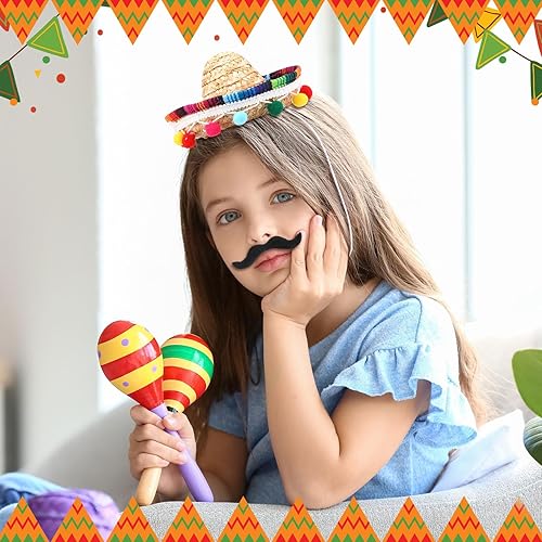 Miniatura 4 de Jiuguva 12 piezas de mini sombrero mexicano de paja, bigote falso negro, barba falsa autoadhesiva para niños, mascotas, decoraciones de fiesta