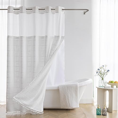 Cortina de ducha de granja con forro a presión, no necesita ganchos, cortinas de ducha de tela con borlas para decoración rústica de baño, con